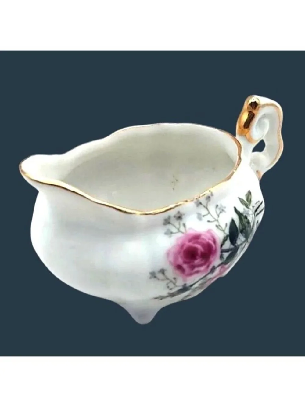 Lefton Miniature Porcelain Creamer Sugar Bowl Hand Painted Floral Pink Roses MCM